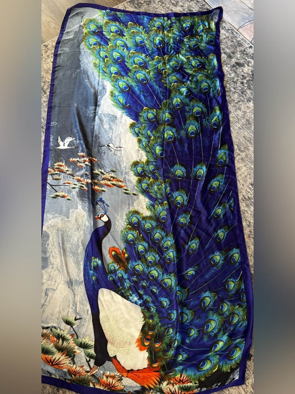 Fashion Peacock Print Scarf NWT in Blue & Purple